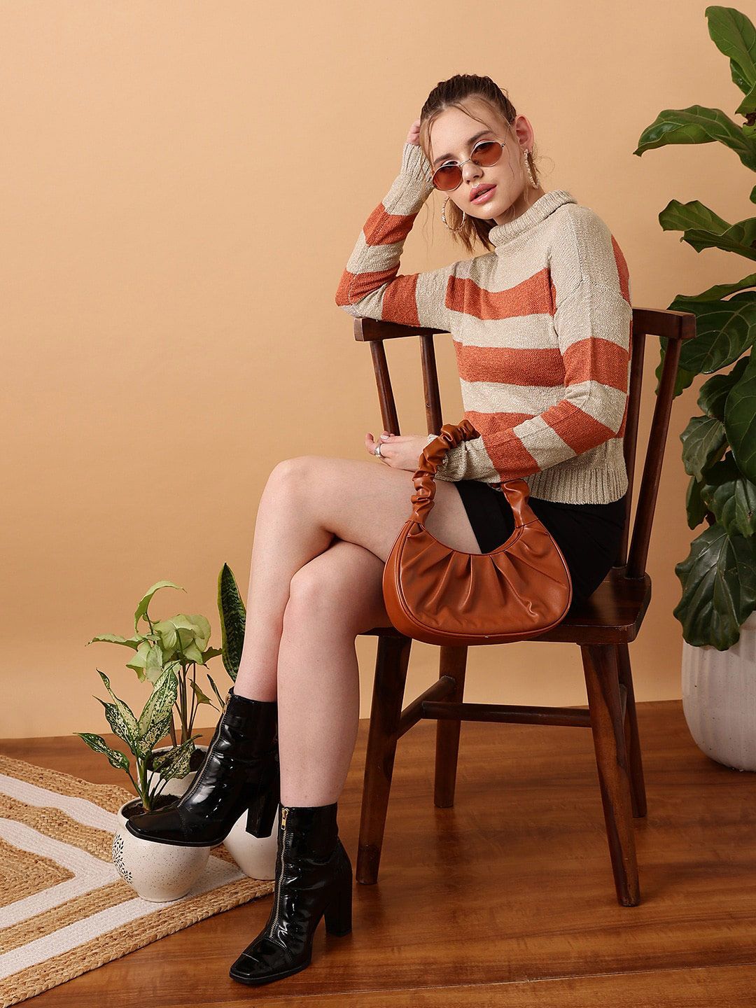 STREET 9 Striped Turtle Neck Ribbed Acrylic Pullover