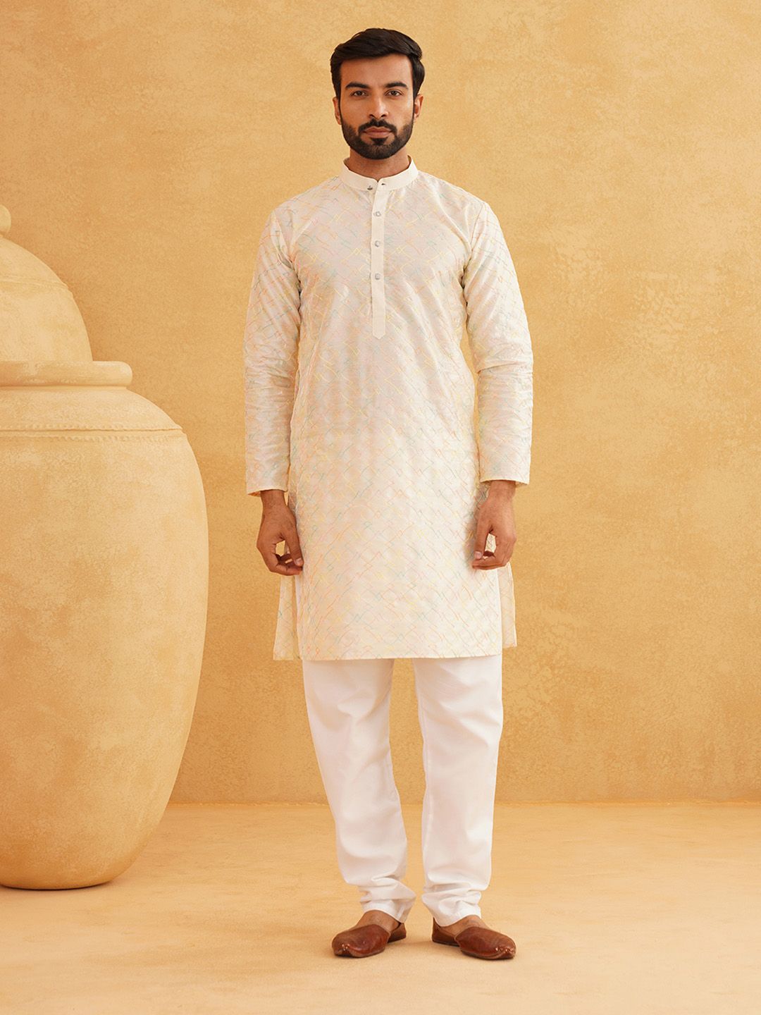 SOJANYA Kurta Kolar Mandarin Sulam Geometri Lelaki