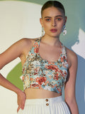 Berrylush Blue Floral Printed Halter Neck Fitted Crop Top