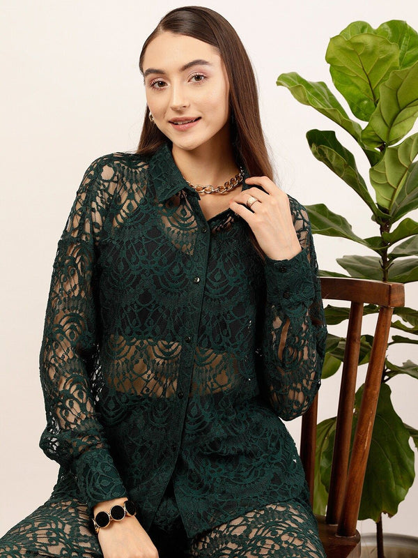 STREET 9 Green Contemporary Self Design Casual Shirt