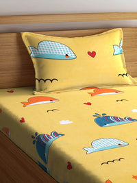 KLOTTHE Yellow Cartoon Characters Polycotton 300 TC Single Fine Bedsheet with a Pillow Cover-87 x 59 inches