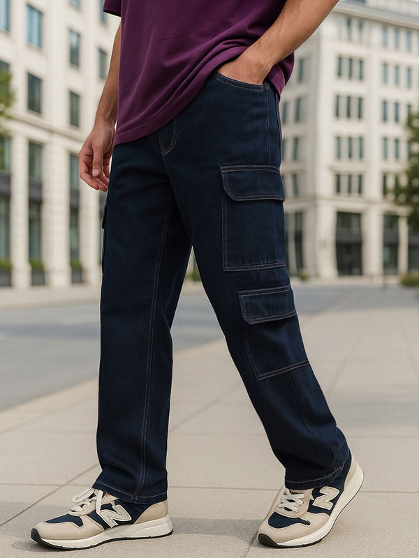 Bewakoof Men's Indigo Blue Baggy Washed Cargo Mid-Rise Jeans