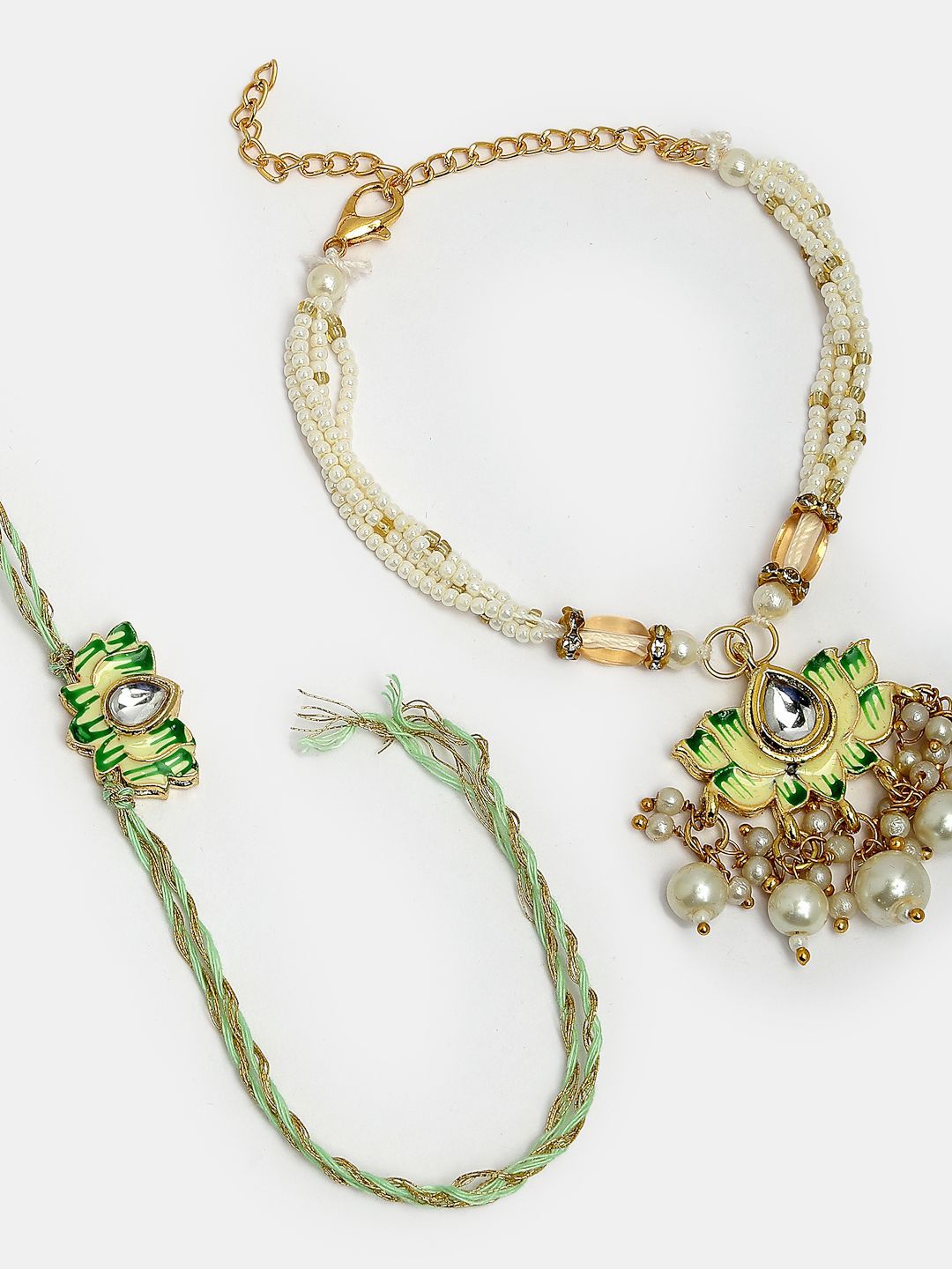 NVR Set of 2 Kundan-Studded & Beaded Wraparound Rakhis With Roli Chawal
