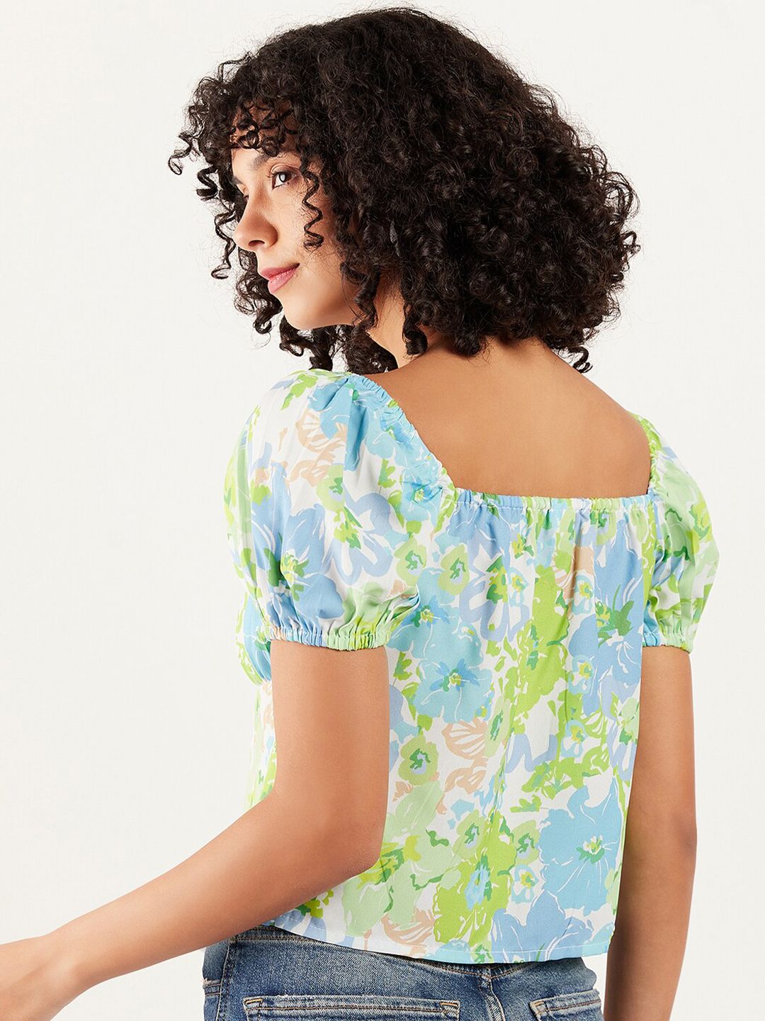 Athena Floral Printed Square Neck Puff Sleeve Tie-Up Regular Crop Top