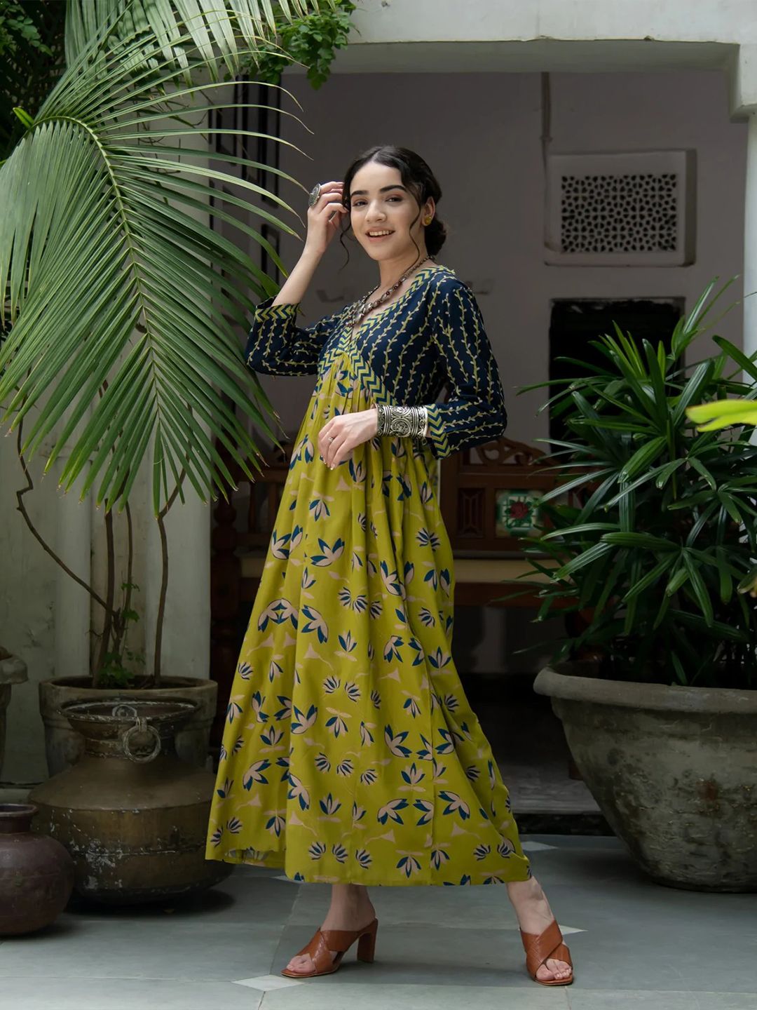 Rustorange Olive Green Floral Maxi Dress