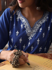 House of Chikankari Women Blue Cotton Aari Embroidered Kurta