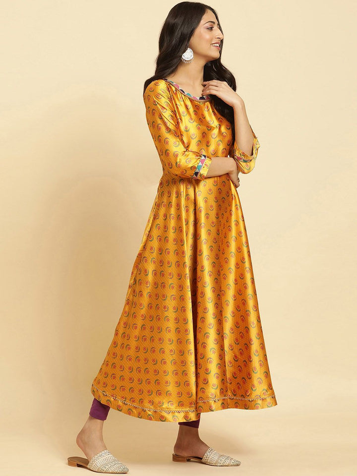 W Yellow Ethnic Motifs Printed Regular Sequinned Kurta With Leggings And Dupatta