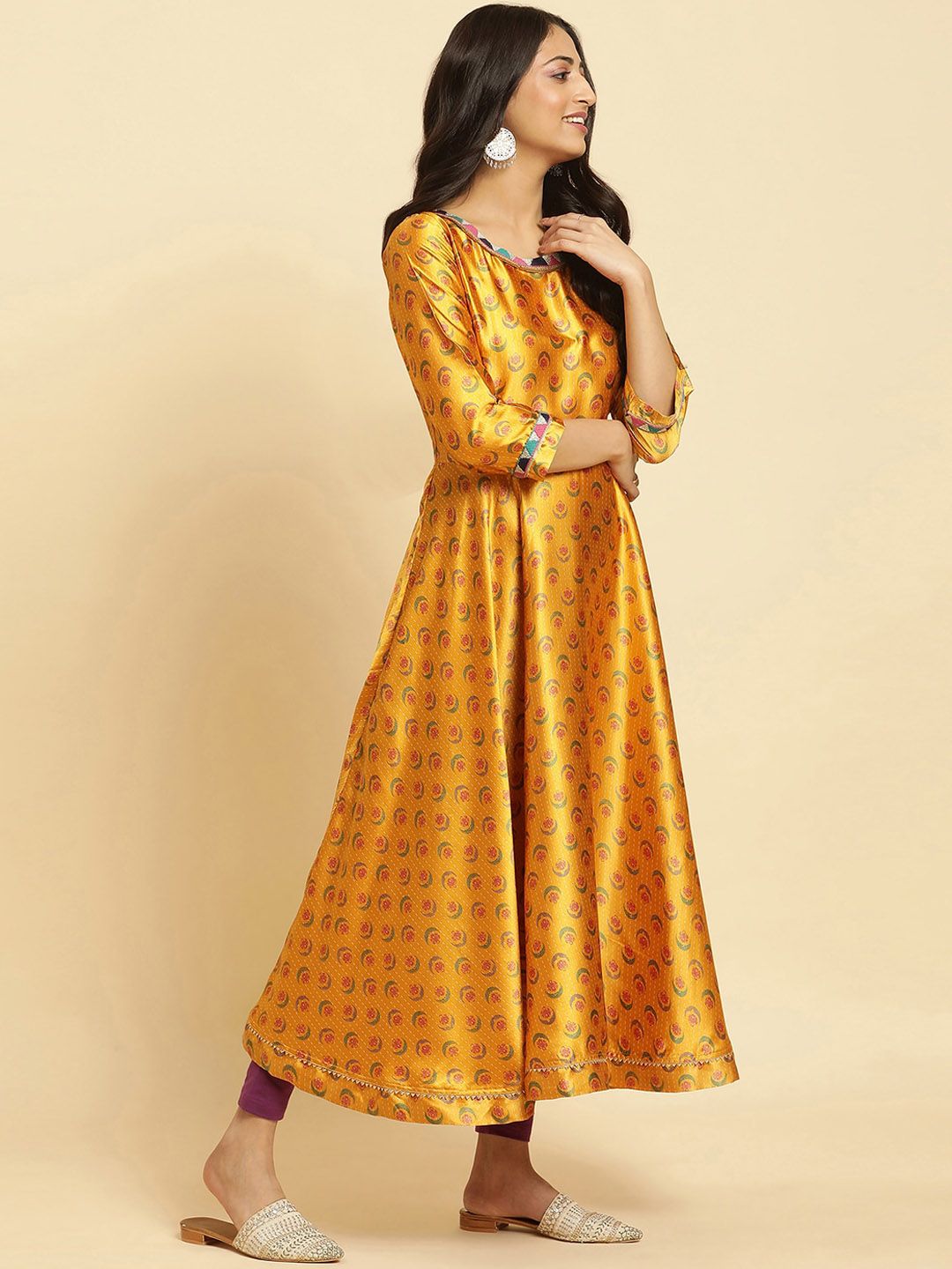 W Yellow Ethnic Motifs Printed Regular Sequinned Kurta With Leggings And Dupatta