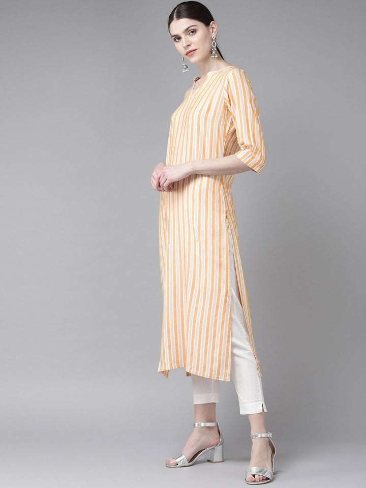 Libas Women Orange & White Striped Straight Kurta