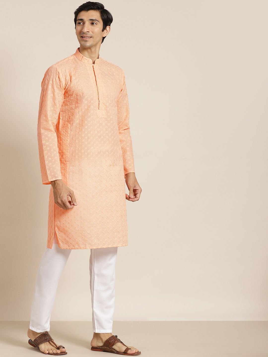 SOJANYA Men Peach-Coloured Chikankari Pure Cotton Kurta with Churidar & Nehru Jacket