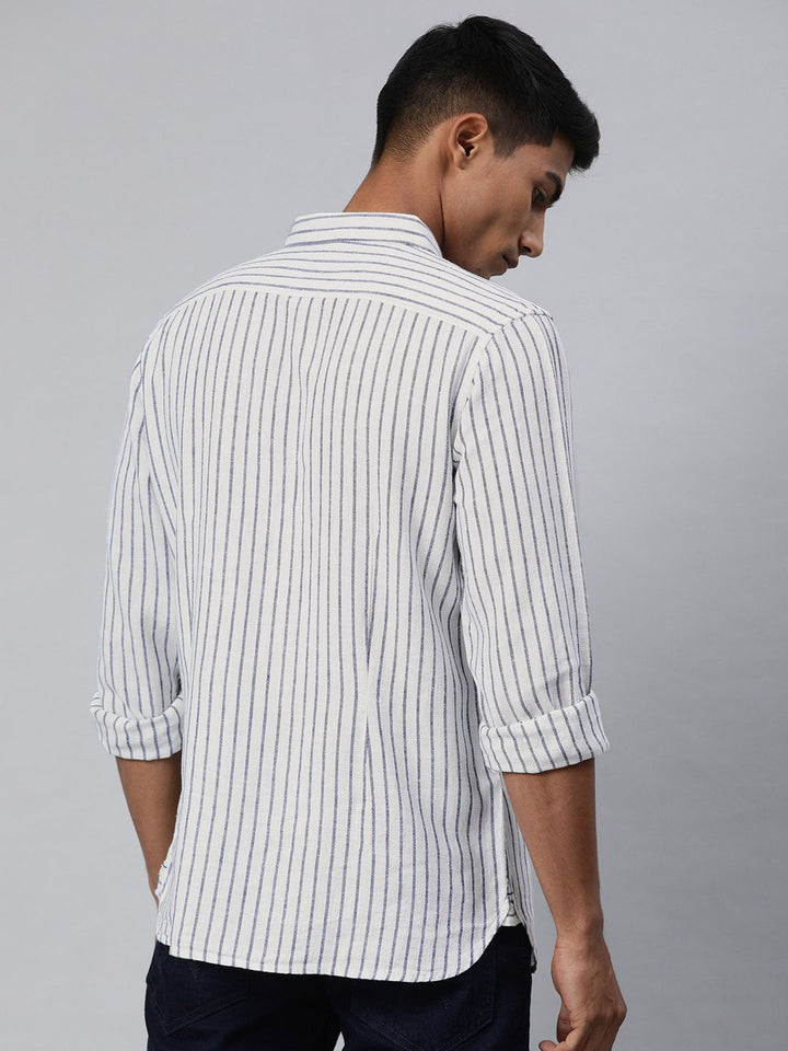 THE BEAR HOUSE Men White & Black Slim Fit Striped Cotton Casual Shirt