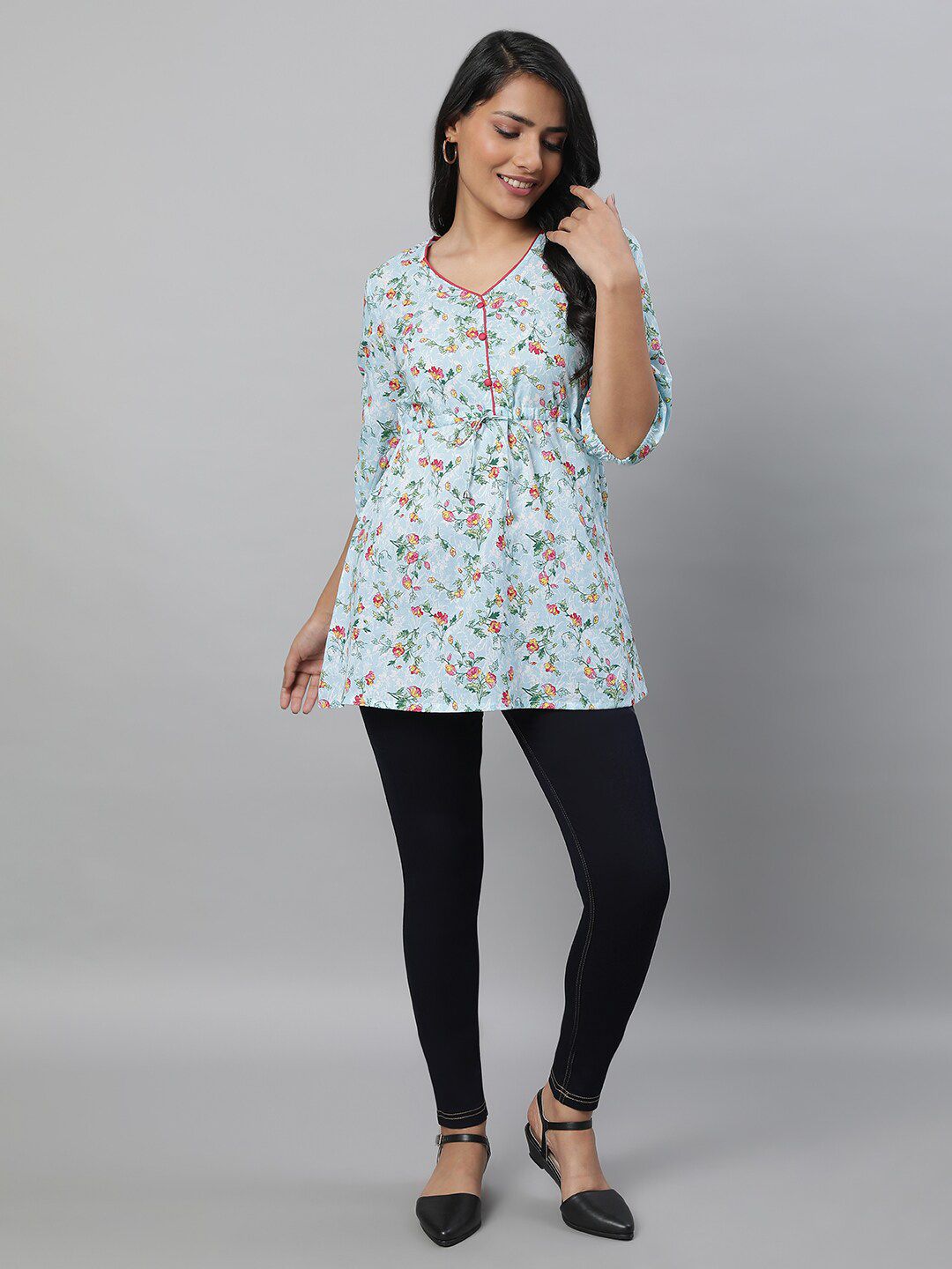AURELIA Blue Floral Printed V-Neck Pure Cotton Kurti