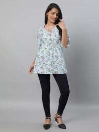 AURELIA Blue Floral Printed V-Neck Pure Cotton Kurti