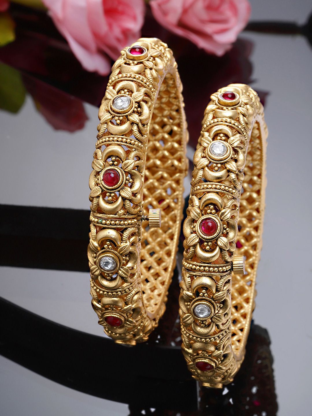 KARATCART Set Of 2 Gold-Plated White & Red Kundan-Studded Temple Bangles