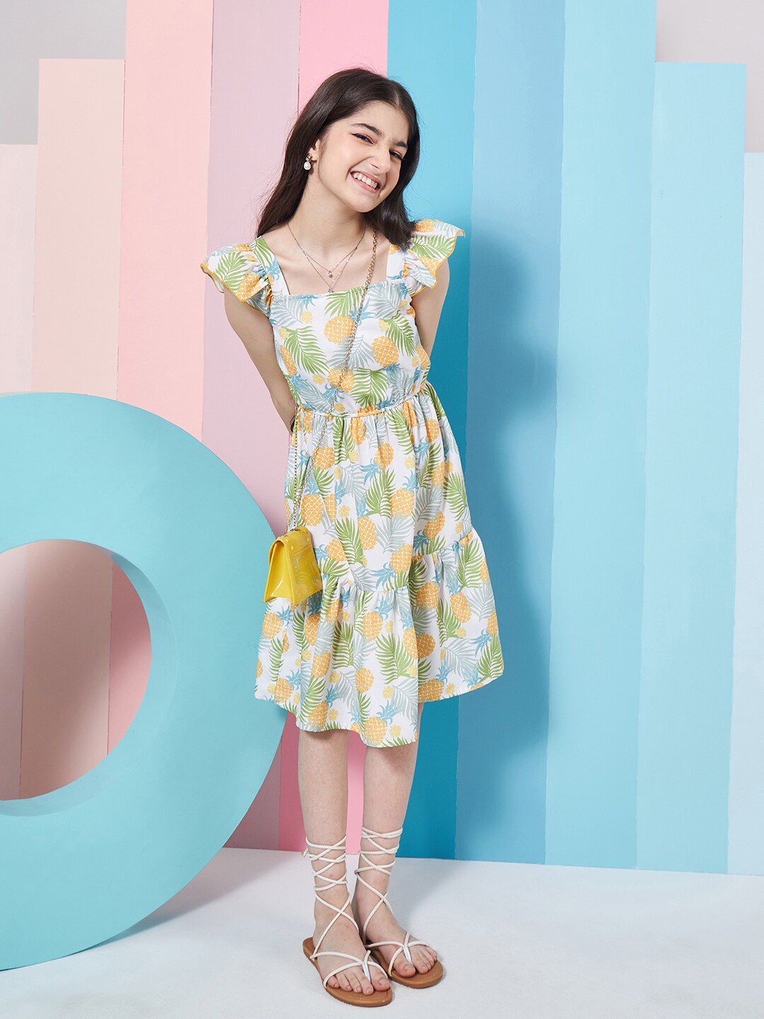 pspeaches Girls Floral Print Square Neck Flutter Sleeves Fit & Flare Dress