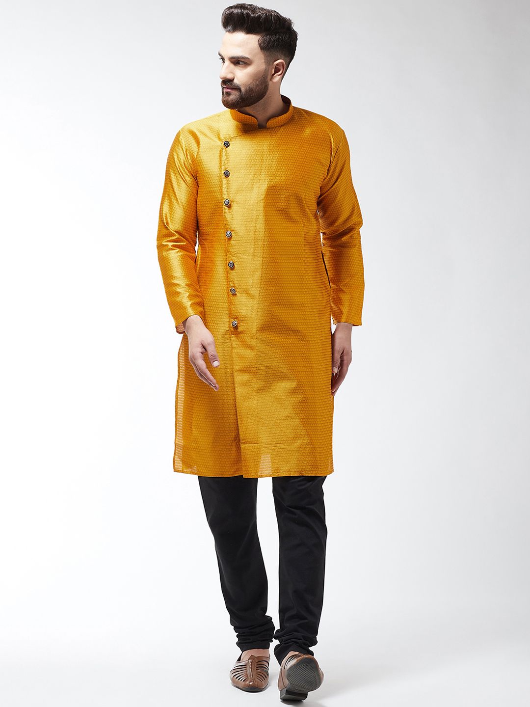 SOJANYA Kurta Lurus Tenunan Mustard Lelaki