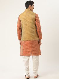 SOJANYA Kurta Motif Etnik Oren Lelaki dengan Jaket Churidar & Nehru