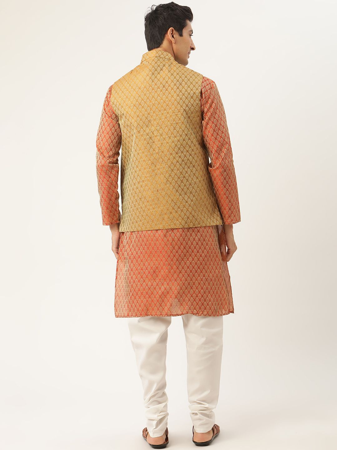 SOJANYA Men Orange Ethnic Motifs Kurta with Churidar & Nehru Jacket