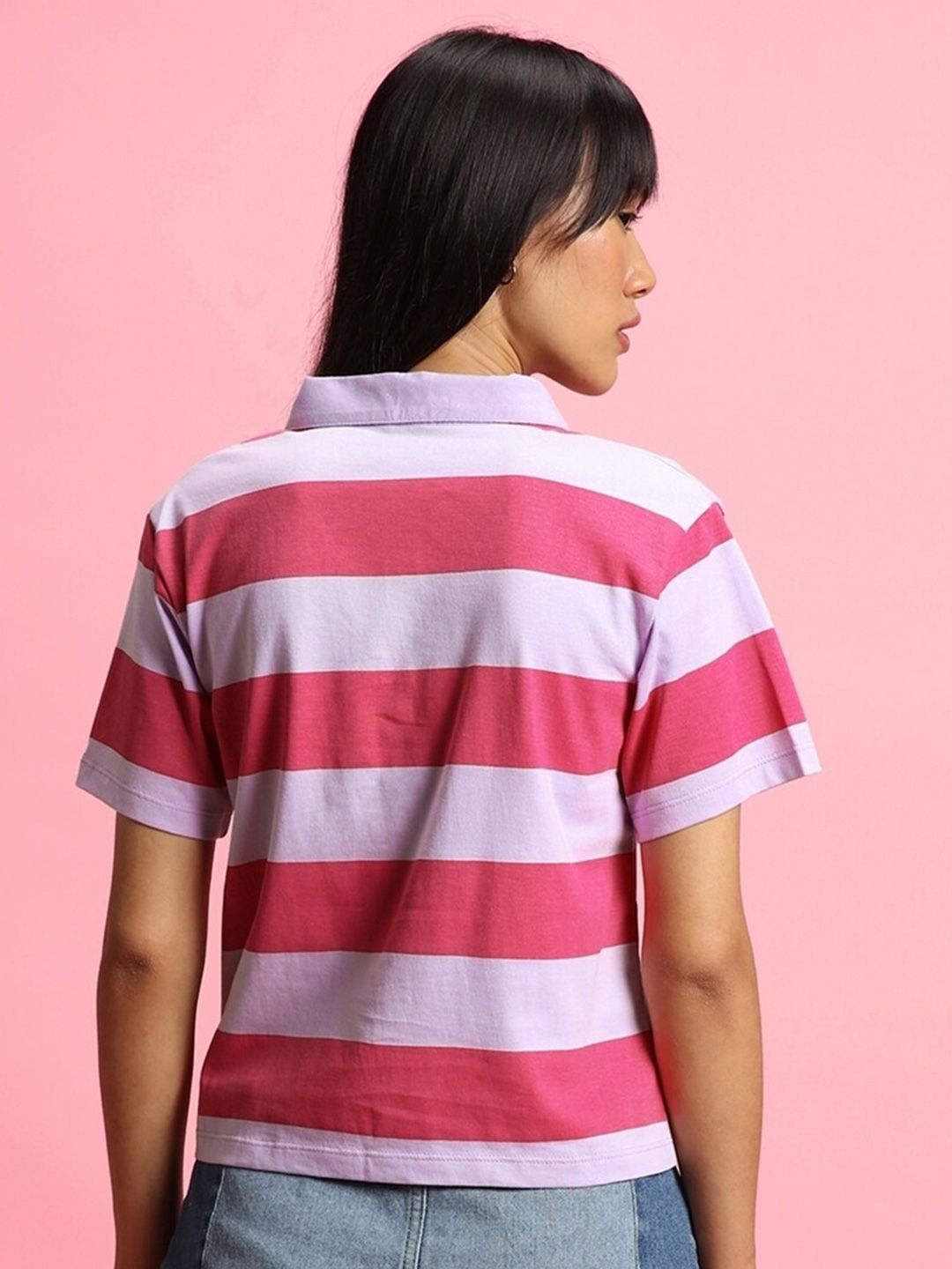 Bewakoof Women Striped Polo Collar  Oversized T-shirt