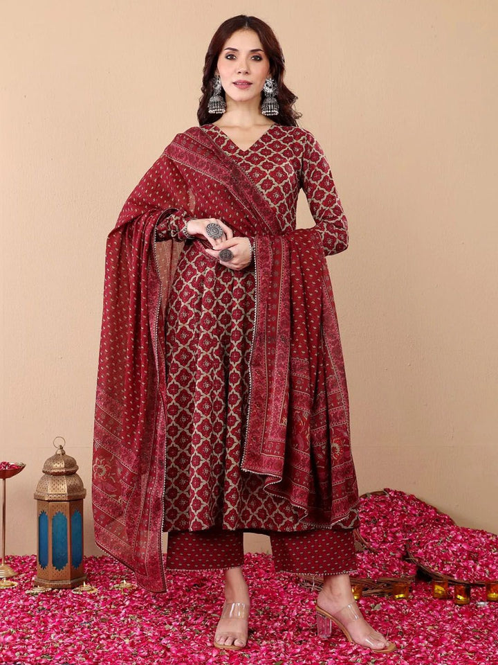 KALINI Ethnic Motifs Printed V-Neck Anarkali Kurta With Trousers And Dupatta
