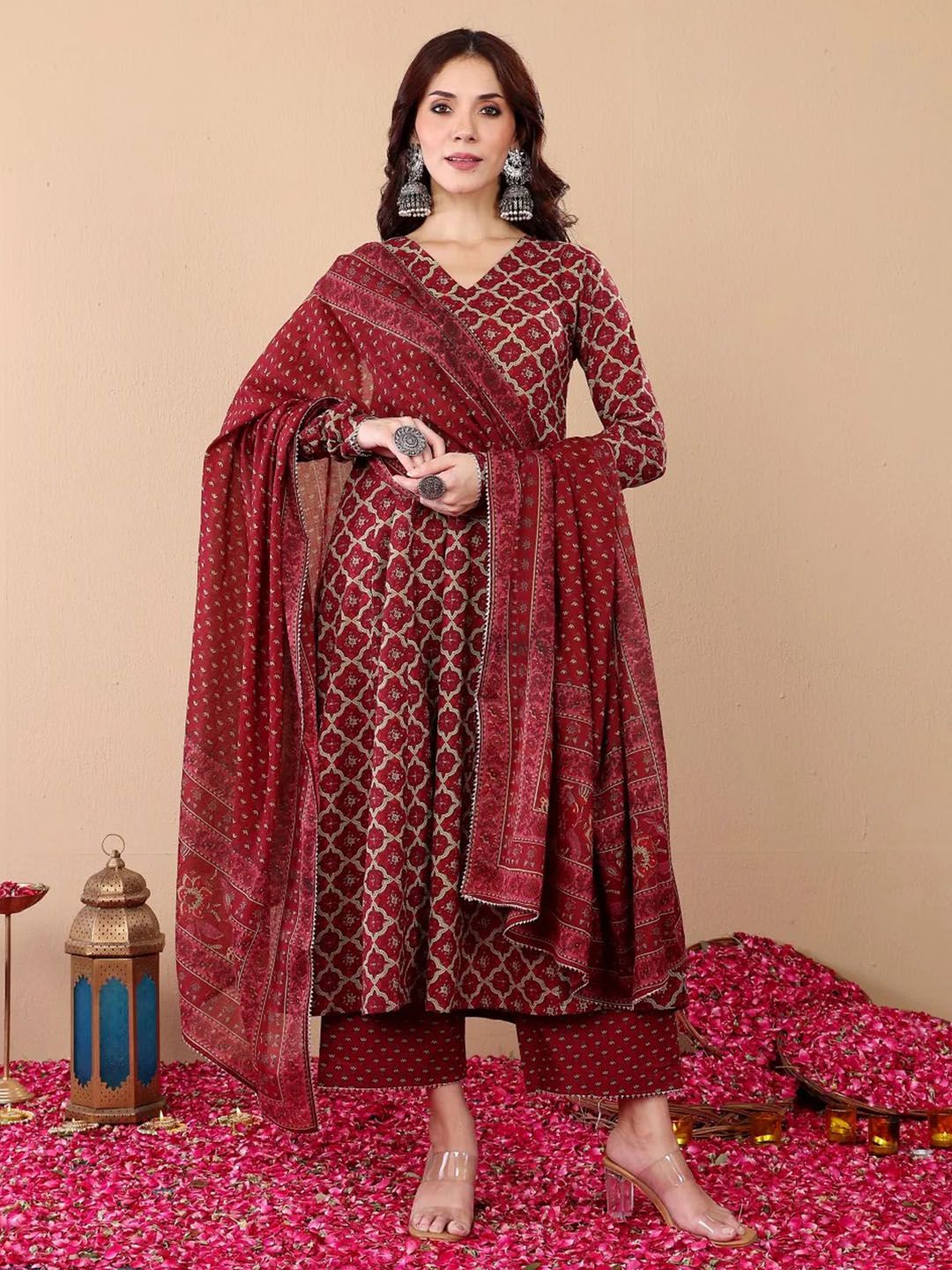 KALINI Ethnic Motifs Printed V-Neck Anarkali Kurta With Trousers And Dupatta