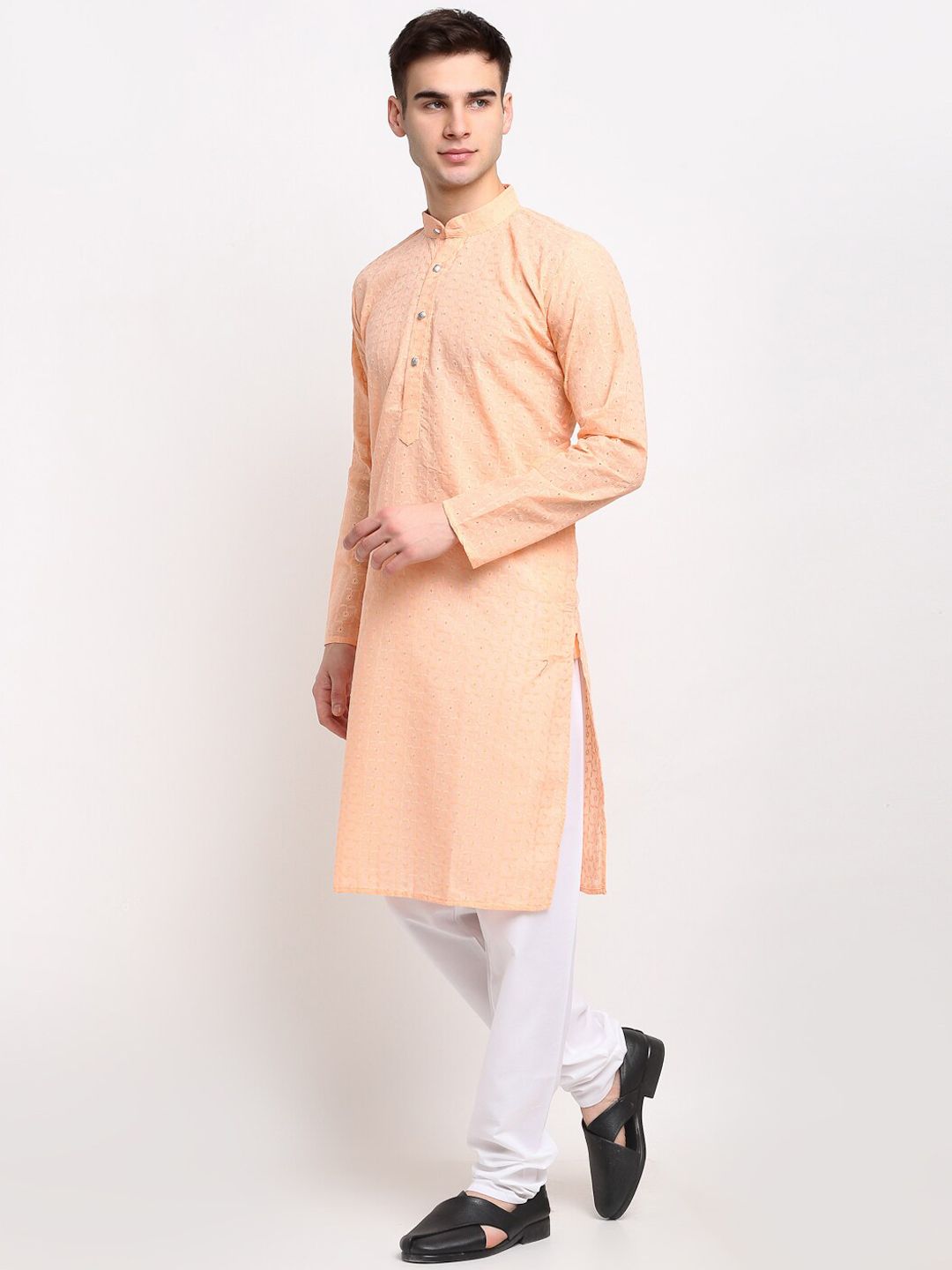 Jompers Men Orange & White Geometric Embroidered Pure Cotton Kurta With Churidar