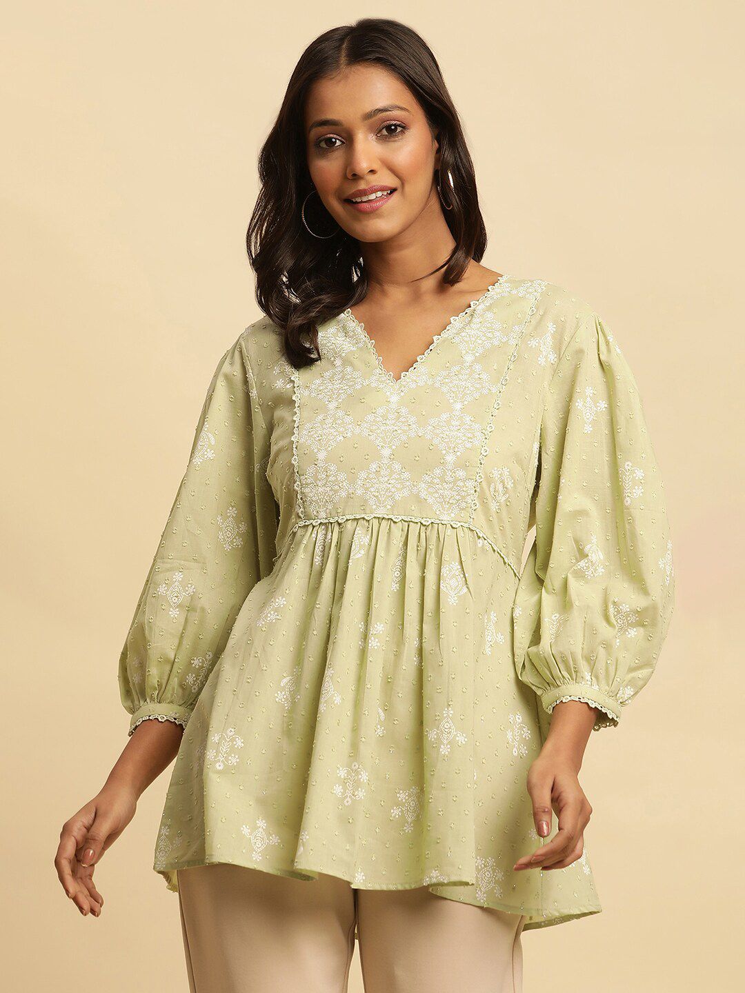 W Green & White Floral Printed Puff Sleeve Pure Cotton A-Line Top