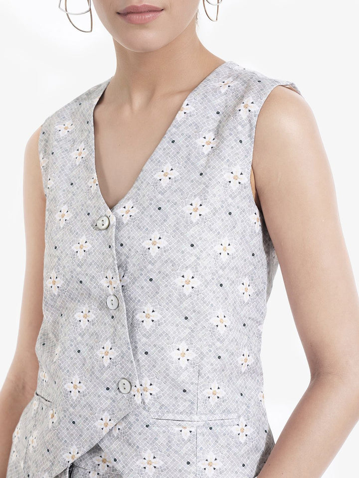 Rareism Women Floral Printed Lengan Tanpa V-Neck Wrap Top
