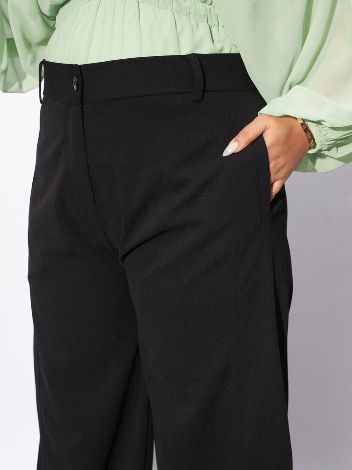 SASSAFRAS Curve Women Plus Size Black Straight Fit Hem Button Detail Parallel Trousers