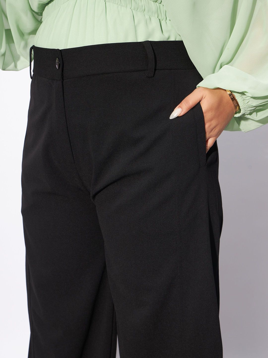 SASSAFRAS Curve Women Plus Size Black Straight Fit Hem Button Detail Parallel Trousers