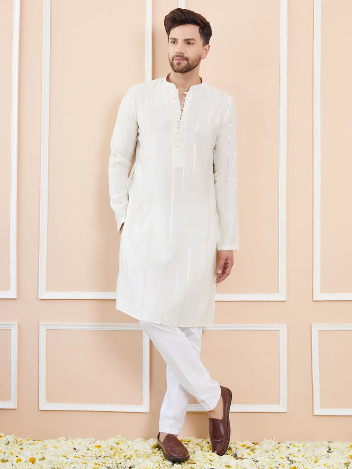 See Designs Striped Embroidered Thread Work Chanderi Silk Straight Kurta With Pyjamas