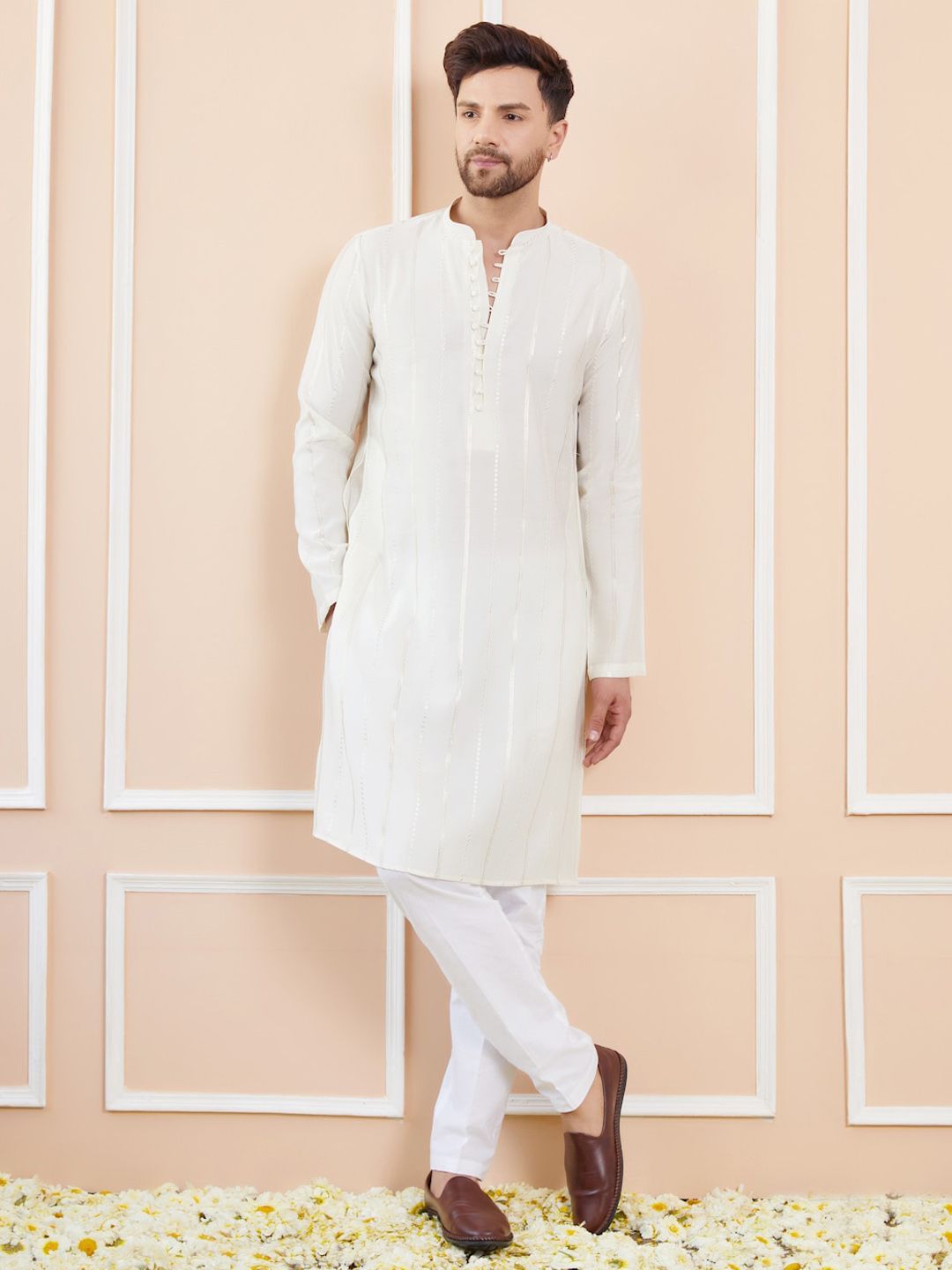 See Designs Striped Embroidered Thread Work Chanderi Silk Straight Kurta With Pyjamas