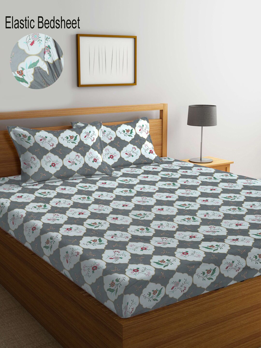 KLOTTHE Grey Floral Printed 300 TC Fitted Super King Double Bedsheet with 2 Pillow Covers