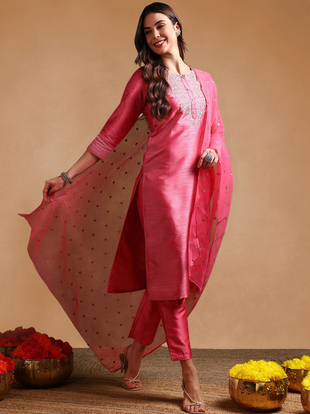 KALINI Ethnic Motifs Embroidered Regular Kurta with Trousers & Dupatta