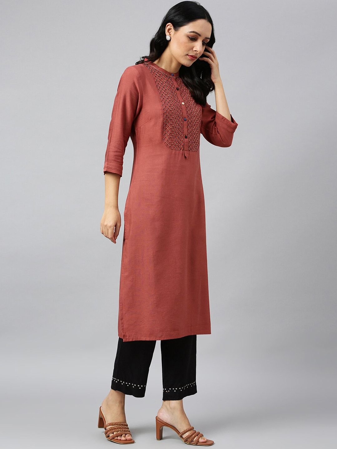 W Women Red Yoke Design Kurta