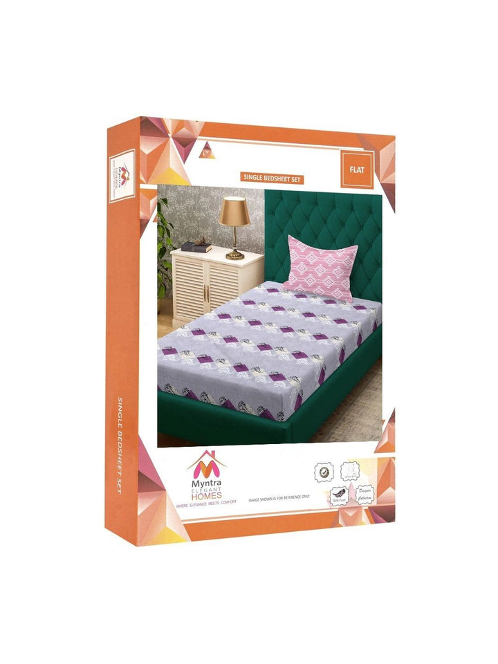 Myntra Elegant Homes Purple & Blue Geometric 400 TC Single Bedsheet with 1 Pillow Covers