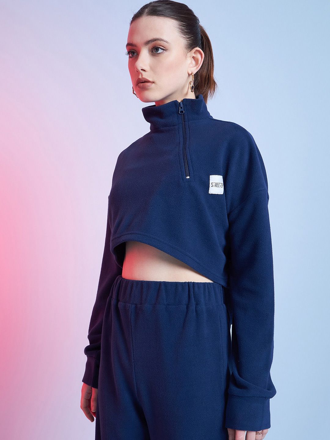 STREET 9 Navy Blue Mock Collar Crop Sweatshirt