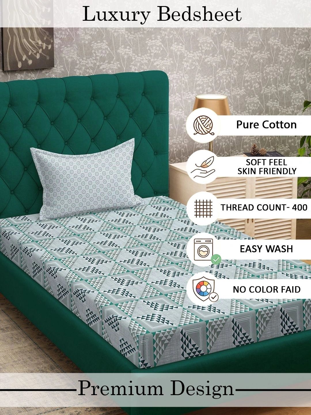 Myntra Elegant Homes Green Geometric 400 TC Single Bedsheet with 1 Pillow Covers