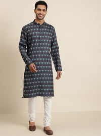 SOJANYA Men Teal Blue & Maroon Ethnic Motifs Printed Cotton Straight Kurta