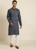 SOJANYA Men Teal Blue & Maroon Ethnic Motifs Printed Cotton Straight Kurta