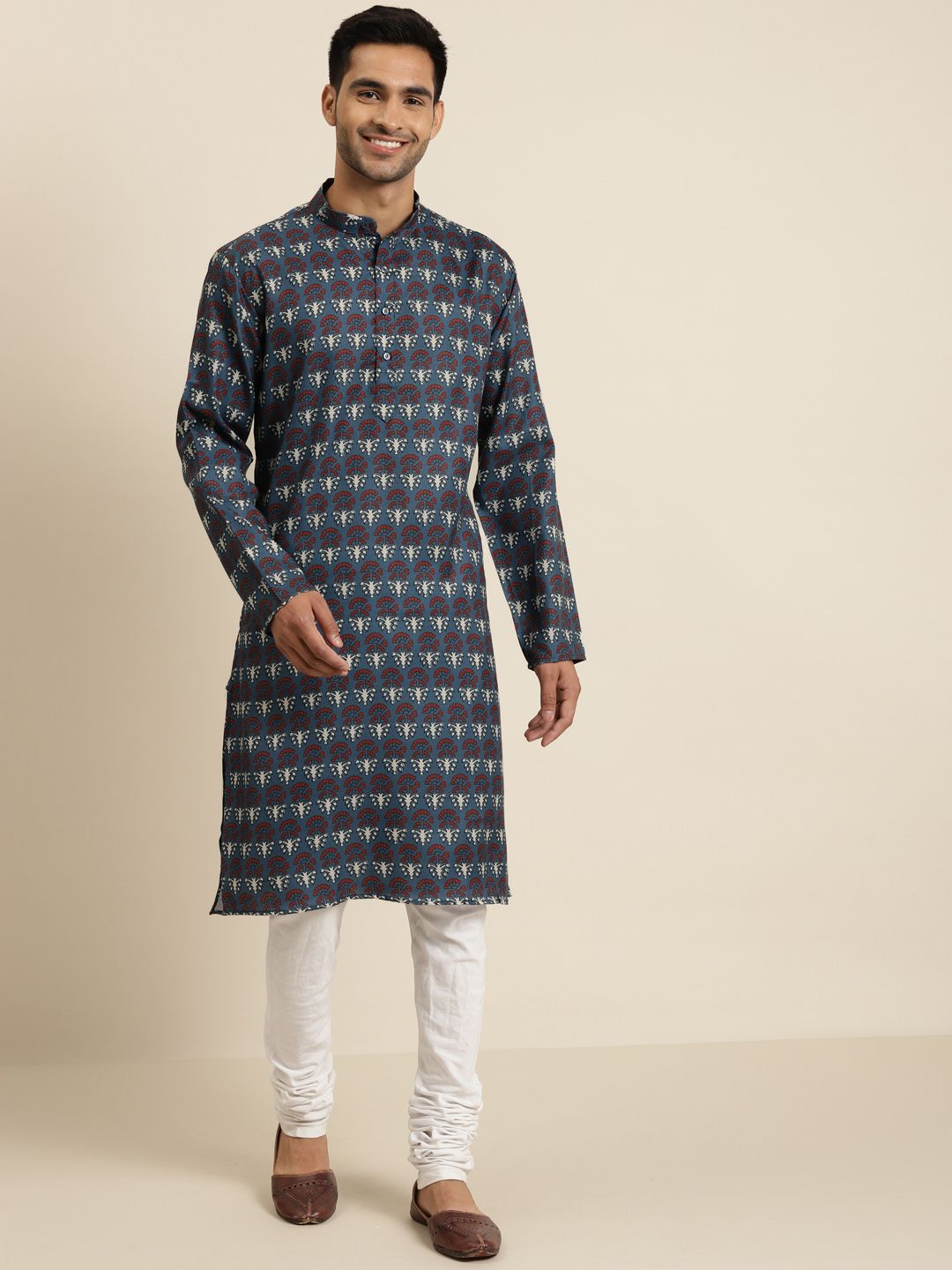 SOJANYA Men Teal Blue & Maroon Ethnic Motifs Printed Cotton Straight Kurta
