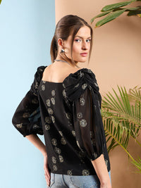 SASSAFRAS Floral Printed Puff Sleeve Tropical Georgette Top