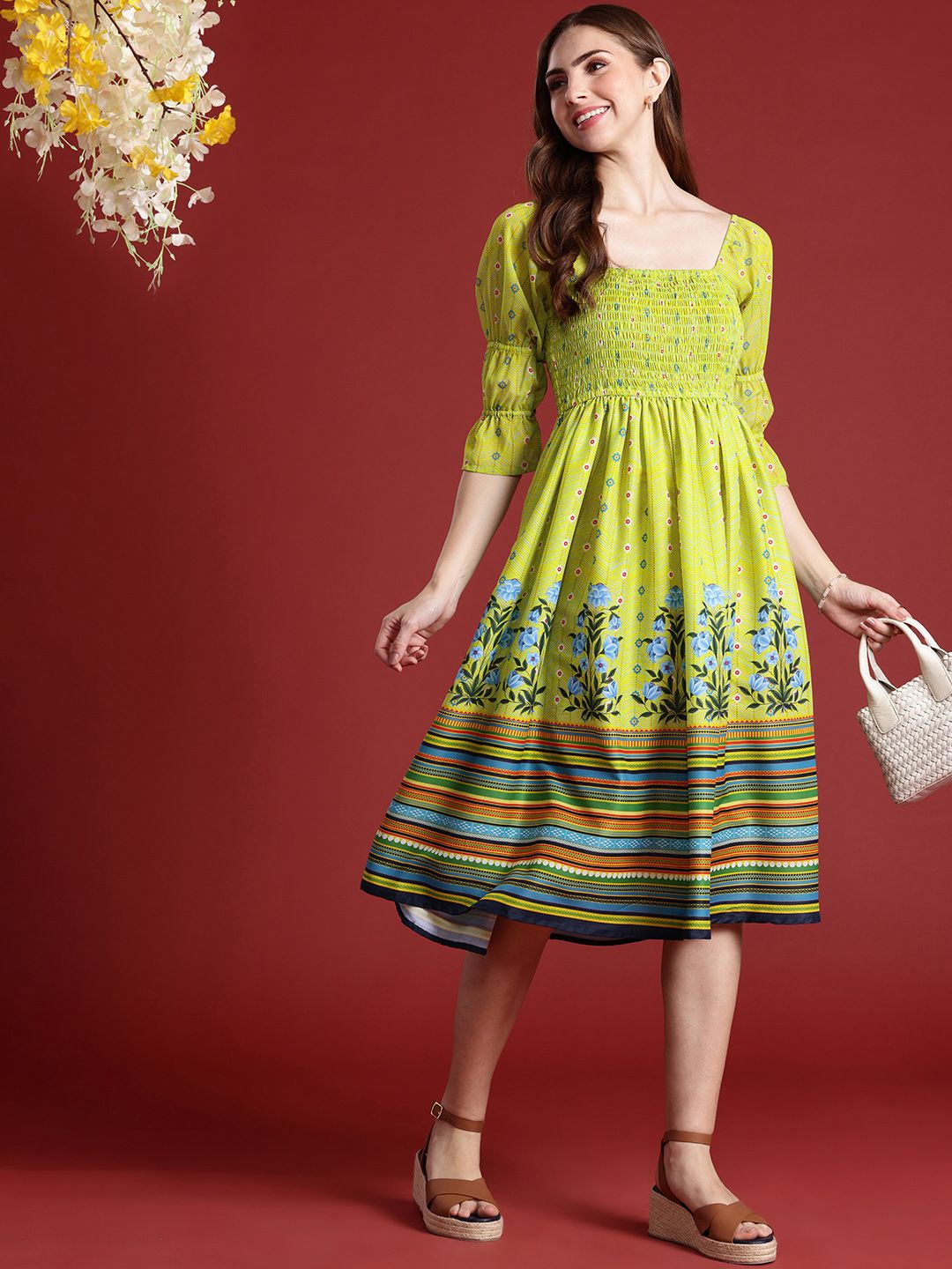 Anouk Floral Printed Fit & Flared Smocked Ethnic Dress