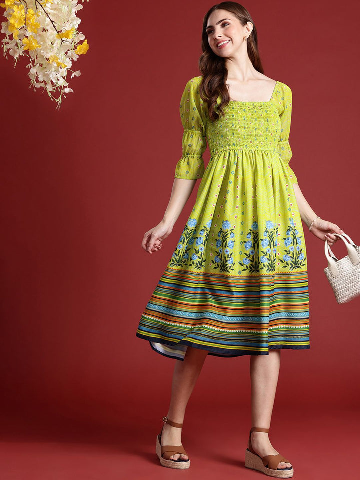 Anouk Floral Printed Fit & Flared Smocked Ethnic Dress