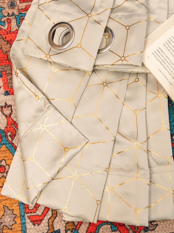 URBAN SPACE Gold Foil Beige & Gold-Toned Geometric Black Out Cotton Window Curtain