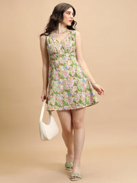 Tokyo Talkies Pink & Green Floral Printed A-Line Mini Dress