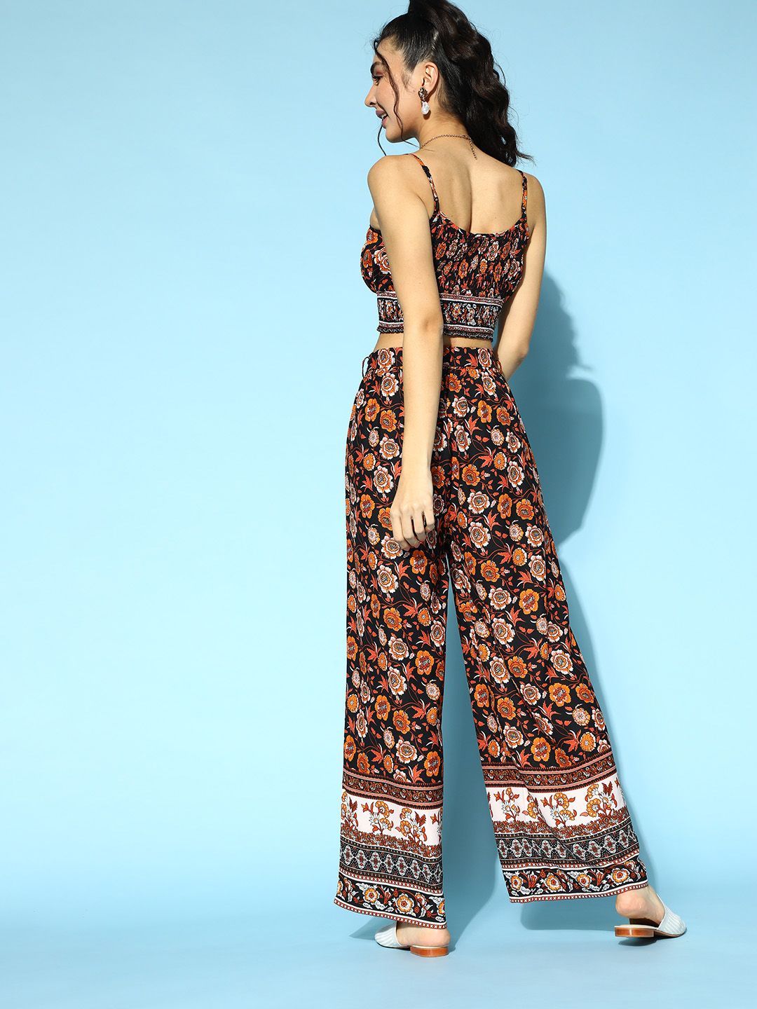 Berrylush Women Stylish Black Printed Top with Trousers