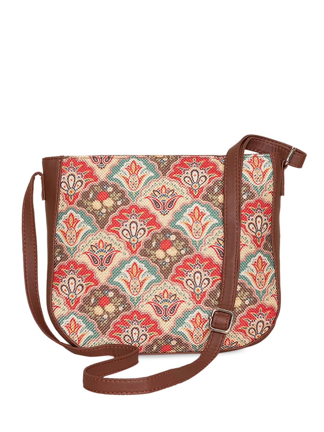 ZOUK Tan Floral Printed Structured Sling Bag