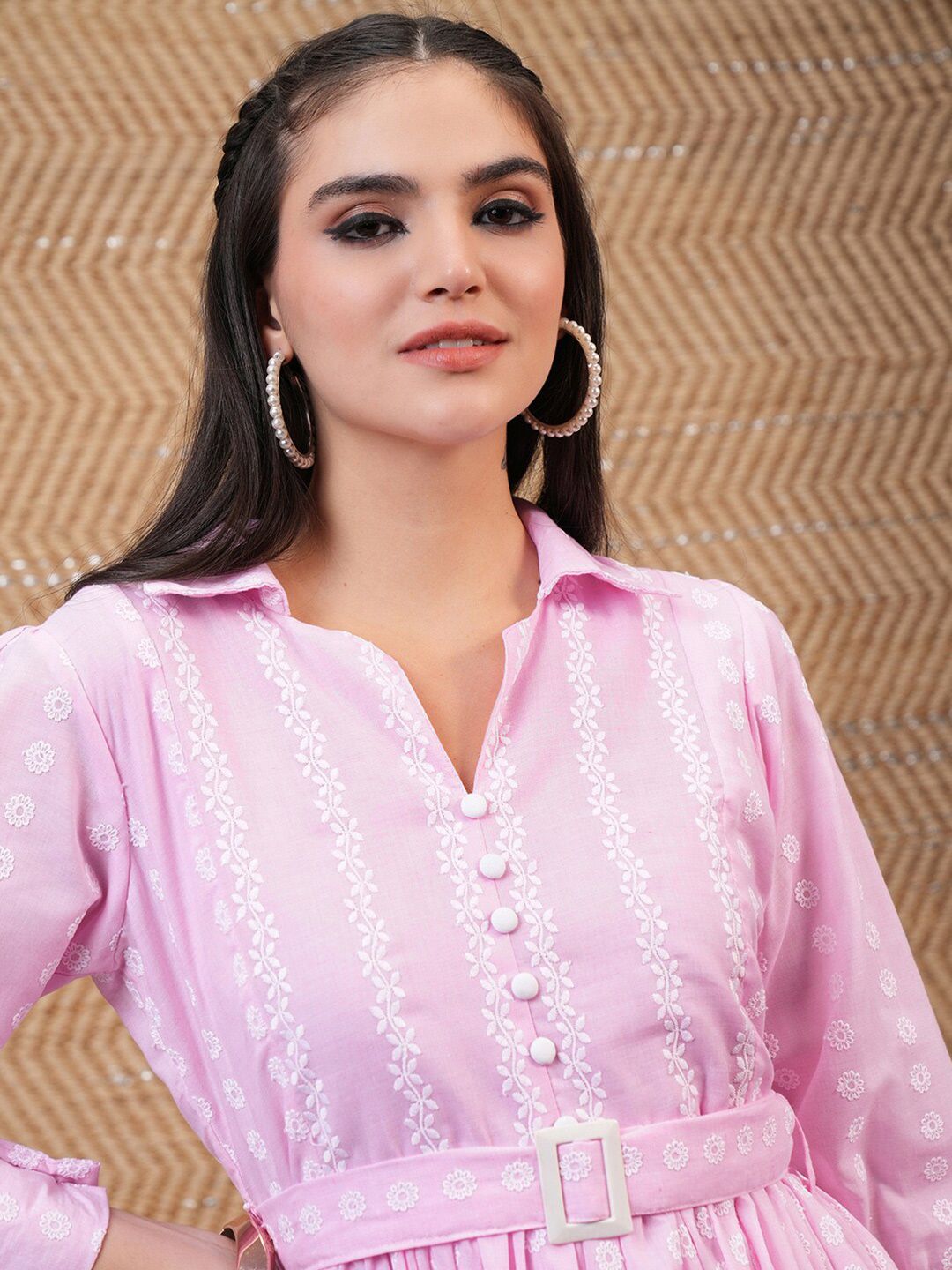 Vishudh Pink Floral Embroidered Belted Fit & Flare Dress