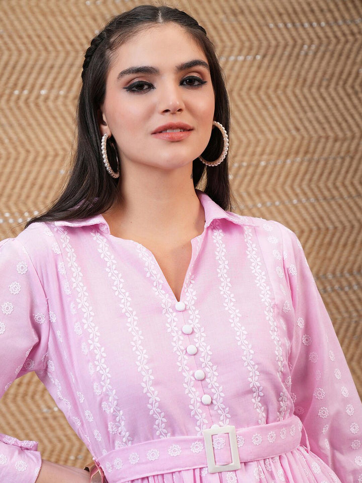 Vishudh Pink Floral Embroidered Belted Fit & Flare Dress